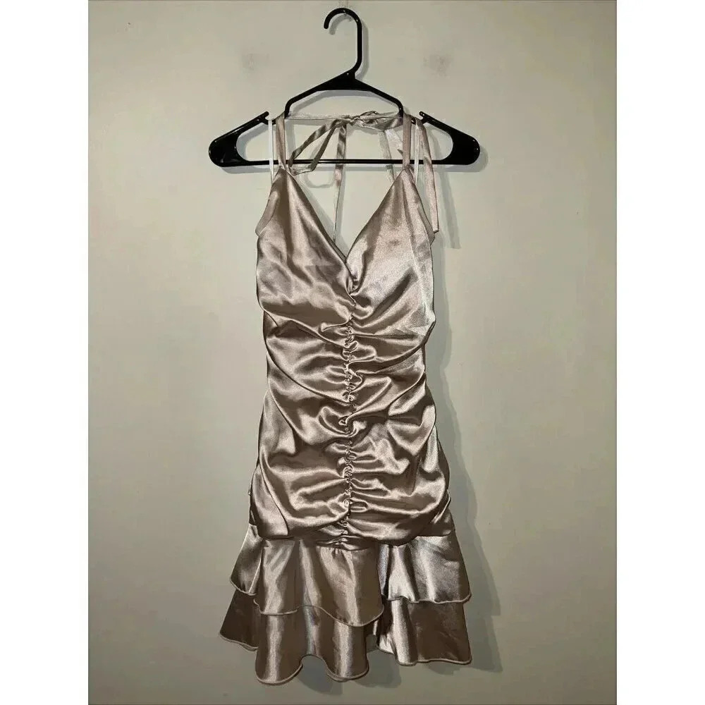 Vintage Y2K Jessica McClintock Ruffle Halter Dress Champagne Gold Women Size 10 - Picture 1 of 6